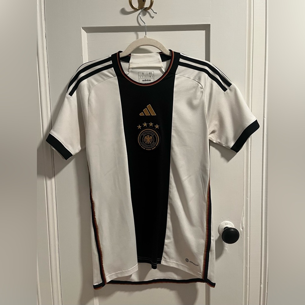 Adidas Men’s Black and White Soccer Jersey with Gold Accents